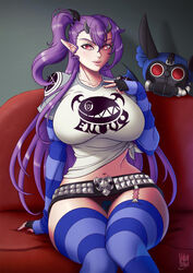  2023 big_breasts breasts clothing demon demon_humanoid digital_drawing_(artwork) digital_media_(artwork) female hair hi_res horn humanoid humanoid_pointy_ears legwear leviathan_(sin_nanatsu_no_taizai) pattern_clothing purple_hair red_eyes sin_nanatsu_no_taizai small_horn solo striped_clothing stripes thigh_highs valenvenge 