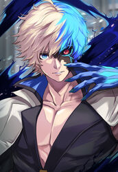  1boy aura black_sclera black_shirt blue_eyes claws collarbone colored_sclera dragon_install fingerless_gloves gloves glowing glowing_eye guilty_gear guilty_gear_strive hair_between_eyes heterochromia jacket ky_kiske looking_at_viewer male_focus multicolored_hair open_mouth pectoral_cleavage pectorals re_(re_09) red_eyes shiny shirt short_hair solo split-color_hair teeth upper_body veins white_jacket 