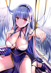  arm_up armpits azur_lane between_breasts blue_hair blurry blush breasts choker cleavage closed_mouth depth_of_field dido_(anxious_bisque_doll)_(azur_lane) dido_(azur_lane) dress feathers female hairband high_heels highres large_breasts long_hair looking_at_viewer no_panties official_alternate_costume pelvic_curtain photoshop_(medium) pink_eyes rei_(rei&#039;s_room) ribbon_choker shoes sidelocks single_shoe sitting solo very_long_hair wariza wings 