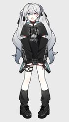  25-ji_miku 25-ji_nightcord_de._(project_sekai) alternate_costume aqua_eyes arm_cutout belt black_footwear black_hoodie black_legwear choker clenched_hands commentary cross cross_earrings ear_piercing earrings female full_body grey_hair hair_ribbon hatsune_miku heterochromia highres hood hoodie jewelry long_hair looking_at_viewer messy_hair oerba_yun_fang open_mouth pale_skin piercing pigeon-toed pink_eyes platform_footwear pleated_skirt project_sekai ribbon skirt solo twintails vocaloid waka_(wk4444) 