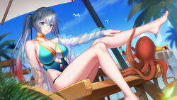  absurdres bare_legs barefoot beach_chair blue_one-piece_swimsuit blue_sky bottle breasts chinese_commentary choker closed_mouth commentary_request day dutch_angle feet female food foot_out_of_frame fruit girls&#039;_frontline girls&#039;_frontline_neural_cloud gradient_hair green_eyes grey_hair hair_between_eyes hand_on_own_leg highleg highleg_swimsuit highres hong_bai jacket lam_(holiday_angler)_(neural_cloud) lam_(neural_cloud) large_breasts long_hair long_sleeves looking_at_viewer lwmmg_(girls&#039;_frontline) multicolored_hair octopus official_alternate_costume one-piece_swimsuit open_clothes open_jacket orange_choker outdoors palm_tree red_hair see-through see-through_jacket sitting sky solo swimsuit swimsuit_cover-up tree twintails 