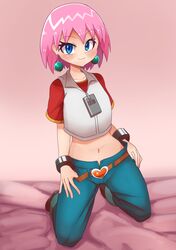  absurdres beauty_(bobobo-bo_bo-bobo) belt blue_eyes blush bobobo-bo_bo-bobo borokuro buckle closed_mouth collarbone collared_shirt crop_top denim earrings female heart heart-shaped_buckle highres jeans jewelry kneeling layered_clothes looking_at_viewer midriff navel pants pink_hair pulling shirt short_hair short_sleeves smile solo t-shirt v-shaped_eyebrows wristband zipper_pull_tab 