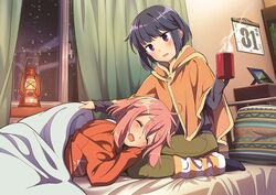  2girls alternate_hair_length alternate_hairstyle bed bedroom blue_hair blush calendar_(object) closed_eyes coat commentary couple cup curtains happy holding holding_cup hotaru_iori ichimi_renge indoors kagamihara_nadeshiko lamp lap_pillow looking_at_another medium_hair mug multiple_girls new_year night no_shoes open_mouth pants picture_frame pillow pink_hair purple_eyes second-party_source shima_rin short_hair smile snow socks steam sweater under_covers window winter winter_clothes yuri yurucamp 