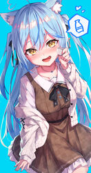  :d absurdres ahoge animal_ear_fluff animal_ears black_bow blue_background blue_hair blush bow breasts brown_dress brown_eyes cat_ears collarbone colored_tips commentary_request cup dress extra_ears female hair_between_eyes hand_up heart heart_ahoge highres holding holding_cup hololive jacket long_hair long_sleeves looking_at_viewer masaki_(msk064) medium_breasts multicolored_hair off_shoulder official_alternate_costume official_alternate_hairstyle open_clothes open_jacket pointy_ears shirt simple_background sleeveless sleeveless_dress sleeves_past_wrists smile solo streaked_hair tokkuri two_side_up very_long_hair virtual_youtuber white_jacket white_shirt yukihana_lamy yukihana_lamy_(casual) 