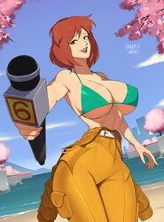  april_o&#039;neil aqua_bikini artist_name bare_shoulders barleyshake beach belt bikini bikini_top_only bob_cut breasts brown_hair cherry_blossoms cityscape cleavage collarbone contrapposto covered_nipples cowboy_shot curvy dutch_angle female grey_eyes halterneck highres huge_breasts jumpsuit jumpsuit_around_waist linea_alba lipstick looking_at_viewer makeup micro_bikini microphone narrow_waist nose open_jumpsuit open_mouth outdoors reaching reaching_towards_viewer reporter sky smile solo strap_gap string_bikini swimsuit teenage_mutant_ninja_turtles toon_(style) underboob water white_belt wide_hips yellow_jumpsuit 