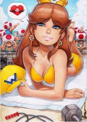  beach beach_towel bikini blue_eyes blue_sky boombox breasts brown_hair cleavage cloud cloudy_sky commentary crown day earrings english_commentary facial_hair female flower_earrings freckles hat heart highres jewelry jump_rope lips long_hair mario_(series) medium_breasts moustache multiple_others nose omar_dogan princess_daisy signature sky speech_bubble spoken_heart sweat swimsuit toad_(mario) towel wario weights 