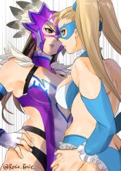  2girls artist_name bare_back bare_shoulders blonde_hair blue_bra blue_panties bra breasts brown_hair commentary crossover face-to-face hands_on_own_hips jaycee_(tekken) large_breasts long_hair multiple_girls panties purple_mask rainbow_mika revealing_clothes rivalry rosie_rosie street_fighter tekken tekken_tag_tournament_2 trait_connection twintails twitter_username underwear wrestling_outfit 