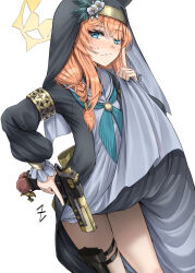  armband black_coat blue_archive blue_ribbon braid cat_girl clothes_lift coat desert_eagle dress ear_ribbon flower gun hair_between_eyes handgun hat hat_flower highres lifting_own_clothes mari_(blue_archive) nun orange_hair ribbon sailor_collar shirt_lift thigh_strap thighs weapon white_dress white_sailor_collar yellow_armband zombie_mogura 