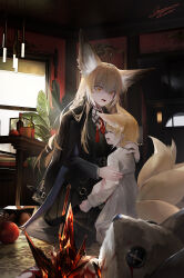  2girls 3d_background absurdres animal_ears arknights black_jacket blood closed_eyes crying extra_ears fox_ears fox_girl fox_tail highres jacket kitsune kyuubi long_sleeves milktea_wegan mother_and_daughter multiple_girls multiple_tails open_mouth orange_eyes originium_(arknights) scar scar_on_face stuffed_animal stuffed_toy suzuran_(arknights) tail vulpisfoglia_(arknights) 