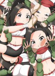  6+girls absurdres against_fourth_wall against_glass ankle_wrap asymmetrical_bangs bike_shorts cheek_press clone crop_top feet fingerless_gloves gloves grabbing_another&#039;s_breast grey_eyes groping hand_on_glass high_ponytail highres ishigakiseiya kunoichi_tsubaki_no_mune_no_uchi multiple_girls navel red_scarf sandals scarf sitting sitting_on_face sitting_on_person stuck sweatdrop toes too_many tsubaki_(kunoichi_tsubaki_no_mune_no_uchi) upside-down v v-shaped_eyebrows 