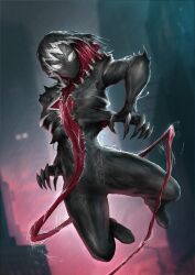  black_bodysuit bodysuit commentary dark_persona english_commentary female forked_tongue full_body fungkob_dtm gwen_stacy gwenom highres hood long_tongue looking_at_viewer marvel sharp_teeth solo spider-gwen spider-man_(series) suit symbiote teeth thighs tongue venom_(marvel) very_long_tongue 