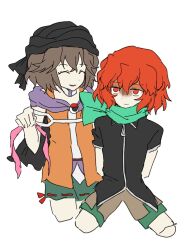  2others ^_^ androgynous arms_behind_back bandana bare_arms black_bandana black_cape black_shirt bound bound_arms brown_hair brown_shorts cape choker cine_hamal closed_eyes closed_mouth collared_shirt crossed_bangs dot_nose eye_brooch eye_of_senri false_smile flat_color full_body gloom_(expression) green_shorts hair_between_eyes happy highres holding holding_ribbon jacket jitome kneeling knees_apart_feet_together kuzu_suzumi len'en multiple_others no_jacket open_clothes open_jacket open_mouth orange_jacket other_focus other_with_other pink_ribbon purple_scarf red_eyes red_hair red_ribbon ribbon ribbon-trimmed_shorts ribbon_legwear ribbon_trim scared scarf shirt shitodo_hooaka short_hair short_sleeves shorts simple_background sleeveless sleeveless_jacket sleeveless_shirt smile turban weihe_wuya_xiang_zhuo_tai white_background white_choker white_shirt zipper zipper_pull_tab 