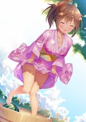  :d ^_^ amasawa_chigusa aqua_scrunchie barefoot basin blush breasts brown_hair cleavage closed_eyes clothes_lift cloud collarbone commentary day dutch_angle facing_viewer female floral_print hair_between_eyes hair_ornament hair_scrunchie highres japanese_clothes kazuma_(kazumav) kimono kimono_lift large_breasts medium_hair open_mouth original outdoors ponytail scrunchie smile solo sweat tan thigh_gap water yukata yukata_lift 