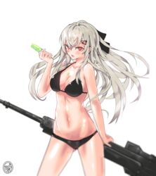  absurdres alternate_costume anti-materiel_rifle ass_visible_through_thighs bikini black_bikini black_bow blush bolt_action bow breasts commentary_request cowboy_shot female food food_on_body food_on_breasts girls&#039;_frontline groin gun hair_between_eyes hair_ornament hair_ribbon hairclip highres holding holding_food holding_gun holding_weapon iws_2000_(girls&#039;_frontline) korean_commentary kumarang long_hair looking_at_viewer navel open_mouth popsicle red_eyes ribbon rifle sidelocks signature sniper_rifle solo steyr_iws_2000 stomach swimsuit thighs weapon white_hair 