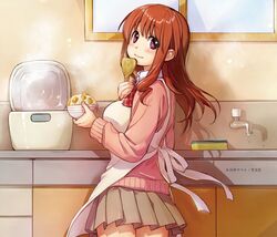  apron bow bowl bowtie breasts brown_hair commentary_request counter cowboy_shot dripping faucet female food from_behind highres holding holding_bowl indoors kawai_makoto kitchen koufuku_graffiti long_hair long_sleeves looking_at_viewer looking_back machiko_ryou official_art pink_sweater pleated_skirt purple_eyes rice rice_bowl rice_cooker school_uniform shamoji sink skirt solo sponge steam sweater water 