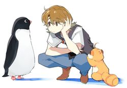  1boy ahoge bird brown_eyes brown_hair closed_mouth commentary_request creator_connection crossover denim head_rest jeans looking_at_another pants penguin penguin_highway shadow shimogamo_yasaburou shimogamo_yashirou simple_background tanuki uchouten_kazoku vest white_background yatomomin 