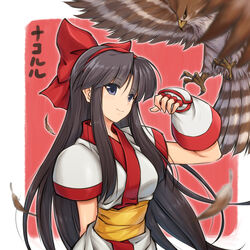  ainu_clothes bird black_hair blue_eyes bow breasts commentary_request female fingerless_gloves gloves hairband hairbow hawk itouei japanese_clothes long_hair mamahaha nakoruru photoshop_(medium) red_bow samurai_spirits short_sleeves 