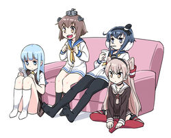  4girls :/ :d amatsukaze_(kancolle) black_hair black_pantyhose blue_eyes blue_hair blush boots brown_eyes brown_hair brown_skirt cellphone choker clenched_hands collarbone collared_shirt commentary_request couch cup disposable_cup dress drink drinking drinking_straw full_body hair_tubes hat hatsukaze_(kancolle) headgear holding holding_phone indian_style kantai_collection kneehighs long_hair long_sleeves mini_hat multicolored_hair multiple_girls neckerchief necktie open_mouth pantyhose phone red_legwear sailor_dress shirt simple_background sitting skirt smartphone smile socks thick_eyebrows thigh_boots thighhighs tokitsukaze_(kancolle) tonmoh two-tone_hair two_side_up v-shaped_eyebrows very_long_hair vest white_background white_hair white_legwear white_shirt wing_collar yellow_necktie yukikaze_(kancolle) 