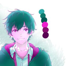  1boy green_hair harry_potter limited_palette loose_necktie male_focus necktie pink_eyes school_uniform smile solo ted_remus_lupin undone_necktie uniform 