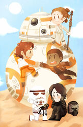  4boys bb-8 black_hair brown_hair character_doll chibi cloud commentary_request darth_vader day desert doll droid female finn_(star_wars) frown helmet kataro kneeling kylo_ren multiple_boys open_mouth poe_dameron rey_(star_wars) robot sad short_hair smile staff star_wars star_wars:_the_force_awakens stormtrooper sun unworn_headwear unworn_helmet very_short_hair 