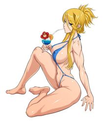  arm_support bangs bare_legs barefoot blonde_hair blue_eyes blue_swimsuit blurry breasts cleavage criss-cross_halter curvy drink drinking drinking_straw erect_nipples eyebrows_visible_through_hair eyes_visible_through_hair female flower folded_ponytail food from_side fruit full_body hair_between_eyes halterneck highres hip_bones large_breasts lens_flare lilith-soft long_hair looking_at_viewer navel nipples o-ring o-ring_swimsuit orange orange_slice outdoors perky_breasts ponytail shiny shiny_hair shiny_skin sidelocks simple_background sitting slingshot_swimsuit solo sweat swimsuit taimanin_(series) taimanin_asagi taimanin_asagi_battle_arena tied_hair touko_von_messerschmitt white_background zol 