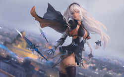  aura black_dress black_hair blue_eyes blue_ribbon braid breasts building capelet capelet_lift choker city cityscape cleavage commentary dress english_commentary female flying_sword g-tz gauntlets hair_between_eyes hair_ribbon hairband halterneck highres korean_commentary lace long_hair looking_at_viewer medium_breasts multiple_braids multiple_swords original parted_lips ribbon sideboob sky solo standing sword thighhighs thighs weapon white_hair 