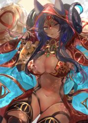  absurdres animal_ears breasts commentary_request dark-skinned_female dark_skin fate/grand_order fate_(series) female highres jewelry large_breasts navel nishikiya oil_lamp purple_hair queen_of_sheba_(fate) solo tongue tongue_out 