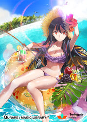  beach bikini black_hair blush book character_request cleavage cup female female hat ice_(ice_aptx) leaves midriff orange_eyes palm_tree qurare_magic_library smile solo swim swim_ring swimwear tree water 