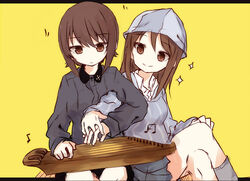  2girls beamed_sixteenth_notes black_skirt blue_headwear blue_shirt brown_eyes brown_hair commentary crossed_legs dress_shirt eighth_note fud girls_und_panzer grey_legwear grey_shirt grey_skirt hat highres holding_hands instrument kantele keizoku_school_uniform kuromorimine_school_uniform long_hair long_sleeves looking_at_another mika_(girls_und_panzer) miniskirt multiple_girls musical_note nishizumi_maho pleated_skirt school_uniform shirt short_hair side-by-side simple_background sitting skirt smile socks sparkle striped_clothes striped_shirt tulip_hat vertical-striped_clothes vertical-striped_shirt white_shirt yellow_background yuri 