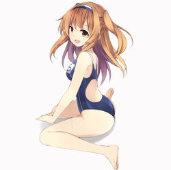  :d ass back bare_arms bare_legs bare_shoulders barefoot blush breasts brown_eyes clothes_writing commentary_request competition_school_swimsuit competition_swimsuit female from_side hairband highres i-26_(kancolle) kantai_collection light_brown_hair long_hair looking_at_viewer looking_to_the_side medium_breasts myuto_(advent_retribution) name_tag new_school_swimsuit one-piece_swimsuit open_mouth own_hands_together school_swimsuit simple_background sitting smile solo swimsuit two-tone_hairband two_side_up wariza wet white_background 