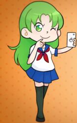  ;) artist_request cellphone chibi female full_body green_eyes green_hair holding holding_phone iphone logo_parody lowres midori_gurin_(yandere_simulator) one_eye_closed orange_background phone polka_dot polka_dot_background school_uniform selfie serafuku simple_background smartphone smile solo yandere_simulator 