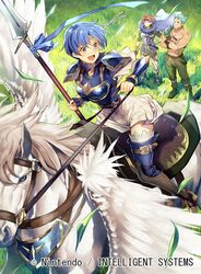  2boys arm_guards armor bare_shoulders blue_eyes blue_hair breastplate cape commentary_request company_connection copyright_name crossed_arms day dieck_(fire_emblem) female fire_emblem fire_emblem:_the_binding_blade fire_emblem_cipher grass green_hair headband holding holding_weapon multiple_boys muscular nagahama_megumi official_art open_mouth outdoors pants pegasus pegasus_knight_uniform_(fire_emblem) polearm red_hair roy_(fire_emblem) scar shanna_(fire_emblem) short_hair short_sleeves shoulder_armor skirt smile spear thighhighs weapon white_skirt zettai_ryouiki 