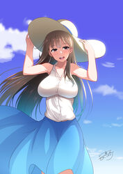  :d adjusting_clothes adjusting_headwear artist_name blue_skirt blue_sky breasts brown_eyes brown_hair c.r. cloud commentary_request day female hands_up hat highres large_breasts long_hair looking_at_viewer onee-san_(penguin_highway) open_mouth penguin_highway shirt skirt sky smile solo standing sun_hat very_long_hair white_hair white_shirt 