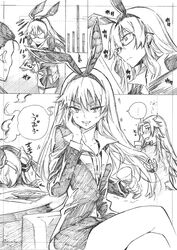  3girls absurdres amatsukaze_(kancolle) bag business_card business_suit commentary_request formal glasses greyscale highres jun&#039;you_(kancolle) kantai_collection kojima_takeshi long_hair looking_at_viewer monochrome multiple_girls shimakaze_(kancolle) suit translated twintails 