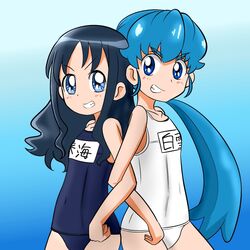  blue_eyes blue_hair color_connection commentary_request happinesscharge_precure! heartcatch_precure! kurumi_erika nann_tou precure school_swimsuit shirayuki_hime swimsuit 