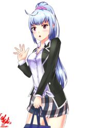  absurdres blue_hair blush breasts commentary_request female hair_ornament hair_ribbon highres kawasaki_saki long_hair open_mouth otto_chi plaid plaid_skirt purple_eyes ribbon school_uniform skirt sobu_high_school_uniform solo white_background yahari_ore_no_seishun_lovecome_wa_machigatteiru. 