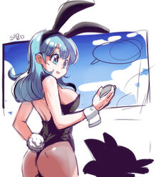  1boy animal_ears ass back bangs black_leotard blue_eyes blue_hair breasts bulma_briefs bunny_ears bunny_girl bunny_tail bunnysuit dragon_ball dragon_ball_(classic) dragon_radar eyeshadow fake_animal_ears female from_behind height_difference leotard long_hair makeup medium_breasts out_of_frame pantyhose sheer_legwear sho-n-d sideboob solo_focus son_gokuu spiked_hair strapless strapless_leotard tail teenage wrist_cuffs 