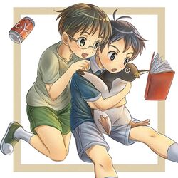  2boys :d animal aoyama-kun_(penguin_highway) bird black_hair blue_shirt book brown_eyes brown_hair can cola commentary_request drink_can green_shorts grey_shorts hand_on_another&#039;s_shoulder holding holding_animal hug kneeling lolicon male_focus multiple_boys open_mouth penguin penguin_highway rua_(pixiv292244) shirt shoes shorts simple_background sitting smile sneakers soda_can uchida-kun_(penguin_highway) 