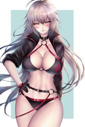  absurdres ahoge bikini black_bikini black_choker black_jacket border breasts choker cleavage closed_mouth commentary_request cowboy_shot cropped_jacket donatsu_(donut007008) fate/grand_order fate_(series) female gloves grey_background grey_hair hand_on_own_hip highres jacket jeanne_d&#039;arc_alter_(fate) jeanne_d&#039;arc_alter_(swimsuit_berserker)_(fate) long_hair midriff navel o-ring o-ring_bikini o-ring_bottom o-ring_top pink_lips shrug_(clothing) solo standing swimsuit tsurime white_border yellow_eyes 