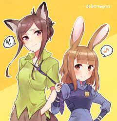  2girls animal_ears bad_id bad_pixiv_id beatrice_(princess_principal) blue_shirt blush breasts brown_eyes brown_hair closed_mouth collared_shirt commentary_request cosplay dorothy_(princess_principal) eighth_note green_shirt hand_in_pocket hand_on_own_hip head_tilt highres judy_hopps judy_hopps_(cosplay) kemonomimi_mode long_hair long_sleeves multiple_girls musical_note necktie necktie_grab neckwear_grab nick_wilde nick_wilde_(cosplay) orange_background police police_badge police_uniform policewoman princess_principal purple_eyes purple_necktie shirt short_sleeves sleeves_past_wrists small_breasts smile sorimachi-doufu spoken_musical_note spoken_sweatdrop sweat sweatdrop uniform zootopia 