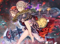  2girls :d bad_id bad_twitter_id barefoot blush boots braid briar_rose_(sinoalice) cape carrying closed_eyes from_side grey_hair highres holding holding_weapon hood hood_up hoshizaki_reita long_sleeves multiple_girls nightmare_(sinoalice) open_mouth parted_lips piggyback profile red_cape red_footwear red_riding_hood_(sinoalice) running sideways_mouth signature sinoalice sleeping smile weapon 