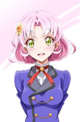  :d aikatsu! aikatsu!_(series) arms_behind_back bad_id bad_pixiv_id blue_jacket blush dress_shirt female flower green_eyes hair_flower hair_ornament highres jacket kitaoji_sakura looking_at_viewer neck_ribbon ngv3553 open_mouth pink_hair red_ribbon ribbon school_uniform shirt short_hair smile solo starlight_academy_school_uniform upper_body white_shirt 