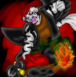  2009 amocin angry anthro clothed clothing digital_media_(artwork) felid fight fire fur hair low_res male mammal matay_(amocin) pantherine tiger william_beckett 