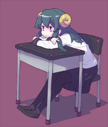  :/ black_footwear black_hair black_pantyhose black_skirt chair closed_mouth commentary_request demon_girl desk female full_body horns loafers original pantyhose pleated_skirt purple_background red_eyes school_desk school_uniform serafuku sheep_horns shirt shoes simple_background sitting skirt sleeves_past_wrists slit_pupils solo tonmoh white_shirt 