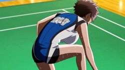  animated aragaki_nagisa badminton bouncing_breasts breasts brown_hair female hanebado! jump large_breasts mole mole_under_mouth racket red_eyes shirt short_hair smash spiky_hair sports sweat tomboy 