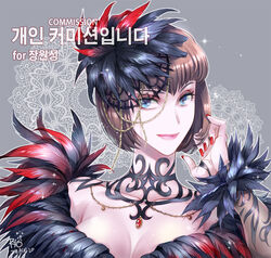  anna_williams blue_eyes bob_cut breasts brown_hair cleavage commentary commission english_commentary feather_hair_ornament feather_trim feathers female fingernails gold_trim hair_ornament jewelry korean_text lips long_fingernails medium_breasts nail_polish necklace red_nails ryo_(ryoxkj) short_hair solo tekken tekken_7 translation_request 