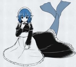  alternate_costume apron black_dress blue_eyes blue_hair blue_theme bow bowtie commentary_request dress drill_hair enmaided female fins ganmaganmo head_fins juliet_sleeves kneeless_mermaid long_sleeves maid maid_headdress mermaid monochrome monster_girl puffy_sleeves pun solo touhou underbust wakasagihime 