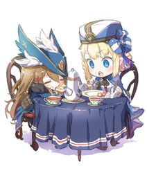  2girls azur_lane bag blonde_hair blue_eyes blue_headwear braid brown_hair cape chair chibi closed_eyes coat commentary_request cup eating food food_theft fork gloves hair_ribbon hardy_(azur_lane) hat hunter_(azur_lane) knife long_hair long_sleeves military_hat multiple_girls neckerchief nekomanma-sensei open_mouth plate ribbon satchel short_hair sitting table tablecloth teacup teapot tricorne white_gloves 