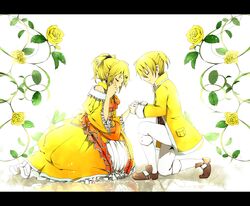  1boy aku_no_meshitsukai_(vocaloid) aku_no_musume_(vocaloid) allen_avadonia blonde_hair bloom bow brother_and_sister brown_footwear buttons choker closed_eyes commentary_request crying dress earrings evillious_nendaiki female flower frilled_dress frills glowing hair_ornament hair_ribbon hairbow hairclip hand_grab hand_on_own_cheek hand_on_own_face highres jacket jewelry kagamine_len kagamine_rin kneeling leaf letterboxed long_sleeves neo_kabocha orange_ribbon partial_commentary plant ponytail reflection ribbon riliane_lucifen_d&#039;autriche rose shoes shorts siblings smile sparkle tears twins updo vines vocaloid white_legwear yellow_dress yellow_flower yellow_jacket 