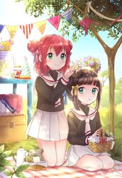  2girls backlighting bad_id bad_twitter_id bag basket blanket brown_hair cardcaptor_sakura coffee_pot commentary_request cosplay daidouji_tomoyo daidouji_tomoyo_(cosplay) day double_bun flower flower_wreath food fruit full_body grass green_eyes hair_bun hair_ribbon hat head_wreath holding holding_basket holding_wreath jar kazepana kero_(cardcaptor_sakura) kero_(cardcaptor_sakura)_(cosplay) kinomoto_sakura kinomoto_sakura_(cosplay) kneehighs kneeling kurosawa_dia kurosawa_ruby lemon lemon_slice long_sleeves love_live! love_live!_sunshine!! miniskirt mole mole_under_mouth multiple_girls ohara_mari outdoors paper_bag party_hat picnic picnic_basket plaid_blanket pleated_skirt red_hair ribbon sandwich school_uniform seiza serafuku siblings sisters sitting skirt sky smile socks sparkle string_of_flags table tomoeda_elementary_school_uniform tree white_skirt 